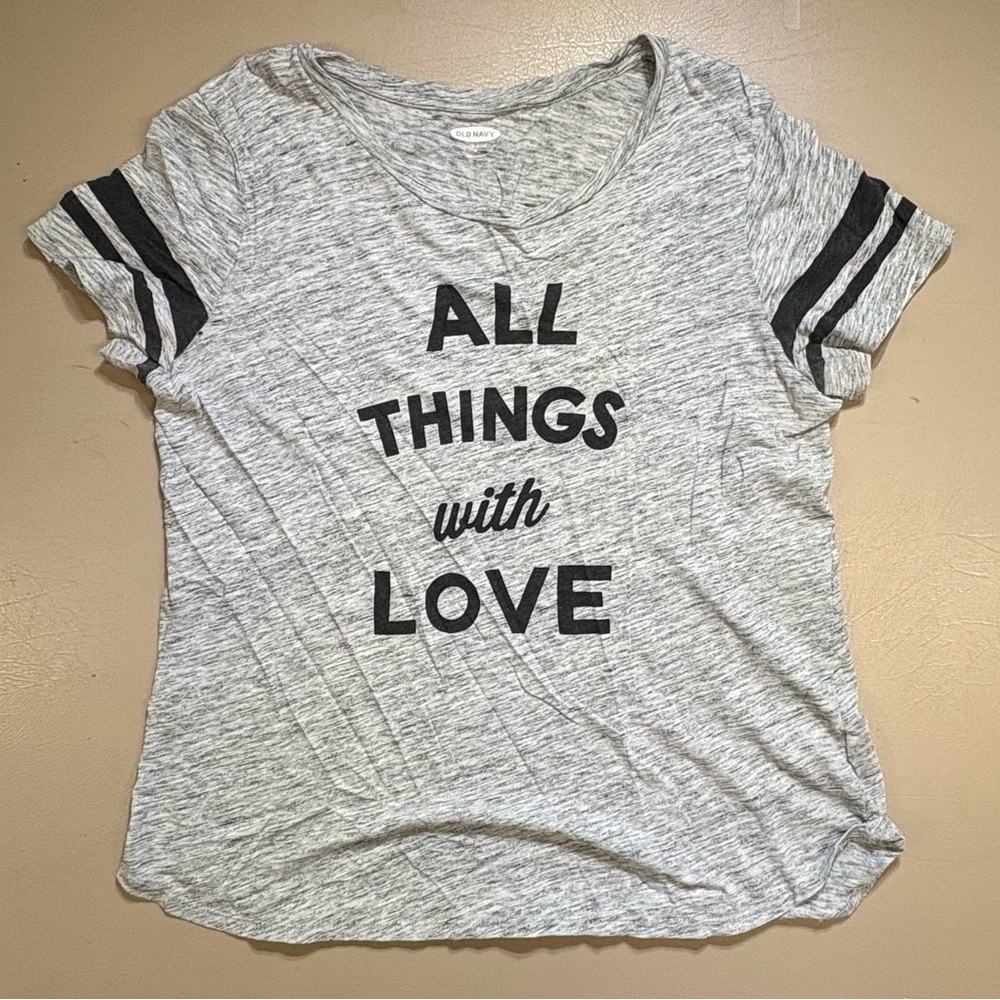 Old Navy Gray Tee with Black Lettering and Stripes